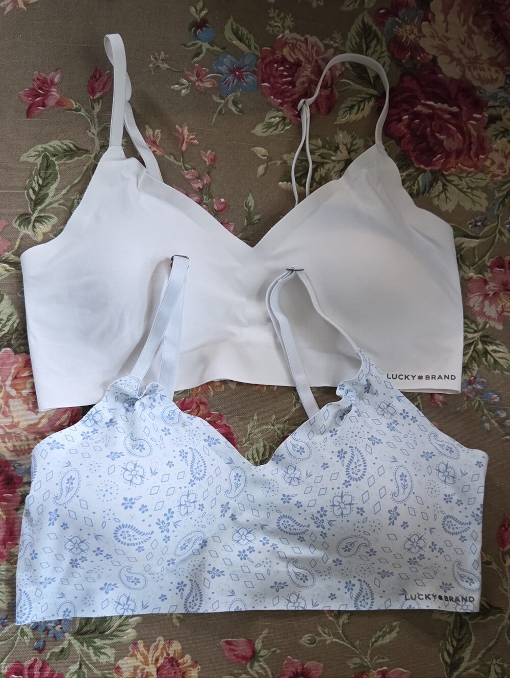 Lucky Brand Off White And Light Blue Paisley Print Bralette Duo Large